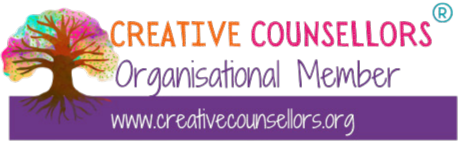 Creative Counsellors organisational member badge with orange and purple text.